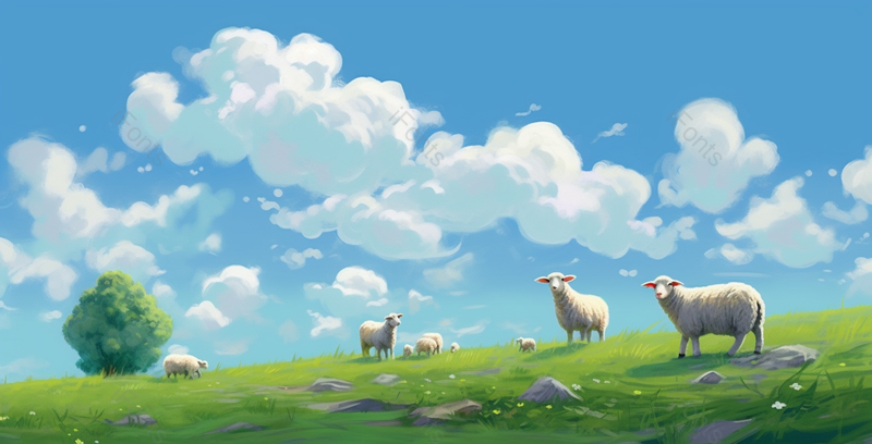 春日夏日季节蓝天白云下在一望无际的绿色大草原上的牧羊绵羊羊群风景插画,插画/手绘图,插画/手绘图库,插画/手绘图下载,插画/手绘